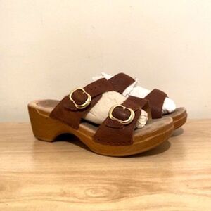 Dansko Leather Platform Clogs Sandals Brown Buckle Wooden Heel 7.5